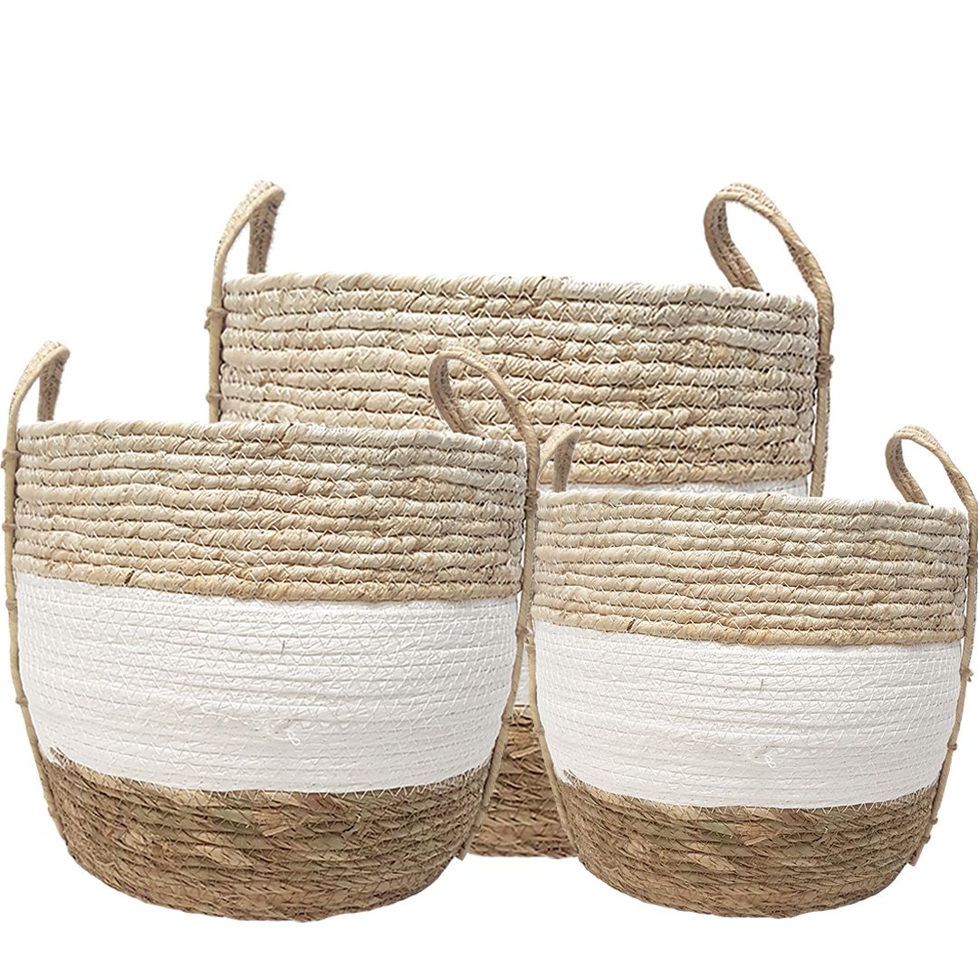 Modern Woven Natural Handles Basket Set of 3