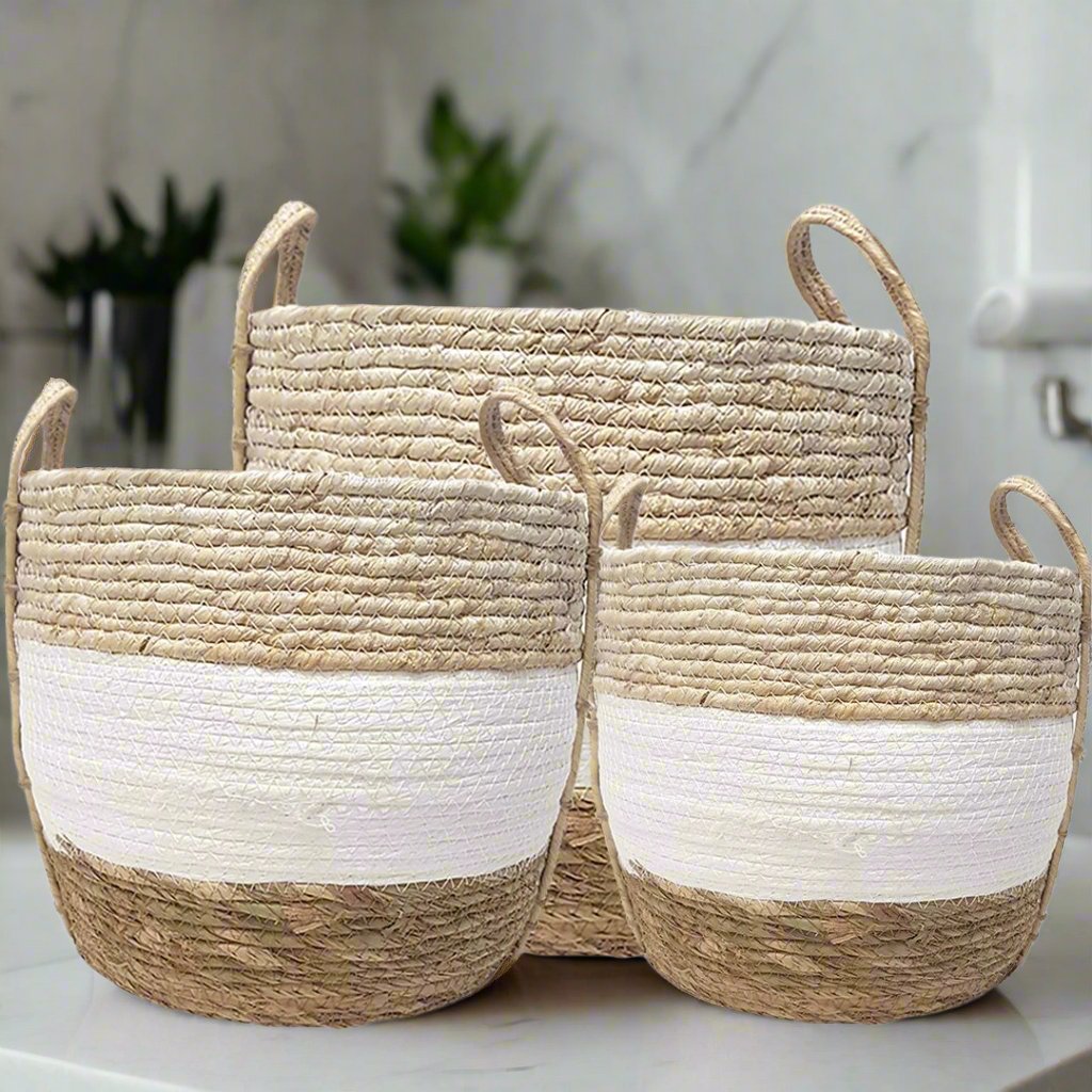 Modern Woven Natural Handles Basket Set of 3