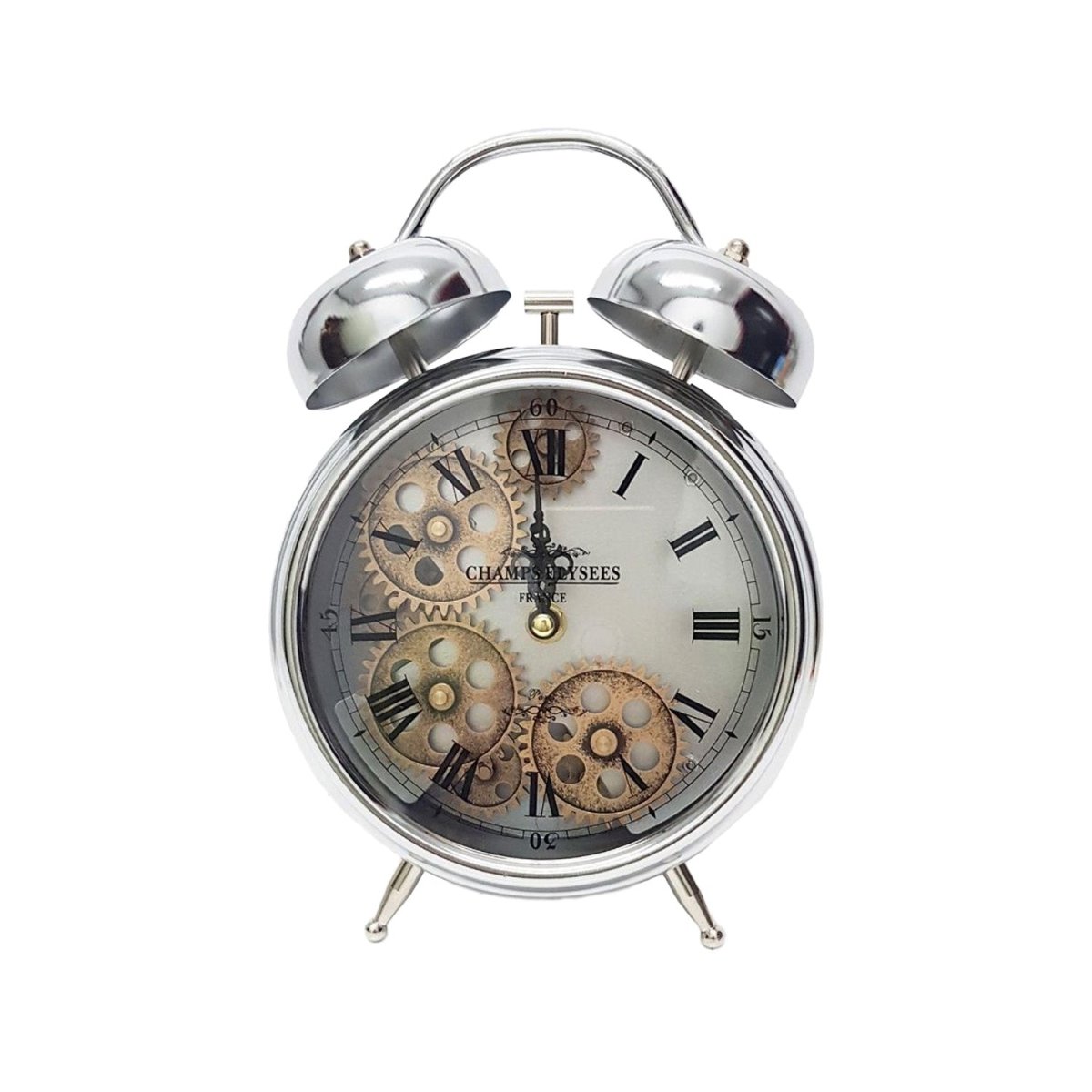 Newton Bell Exposed Gear Movement Bedside Clock - Silver