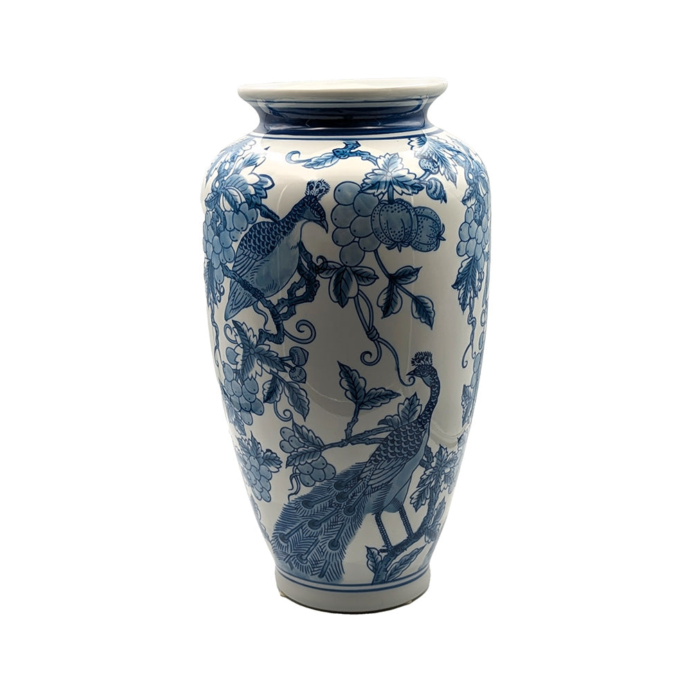 Peacock Hand Painted Ceramic Vase Blue/White 