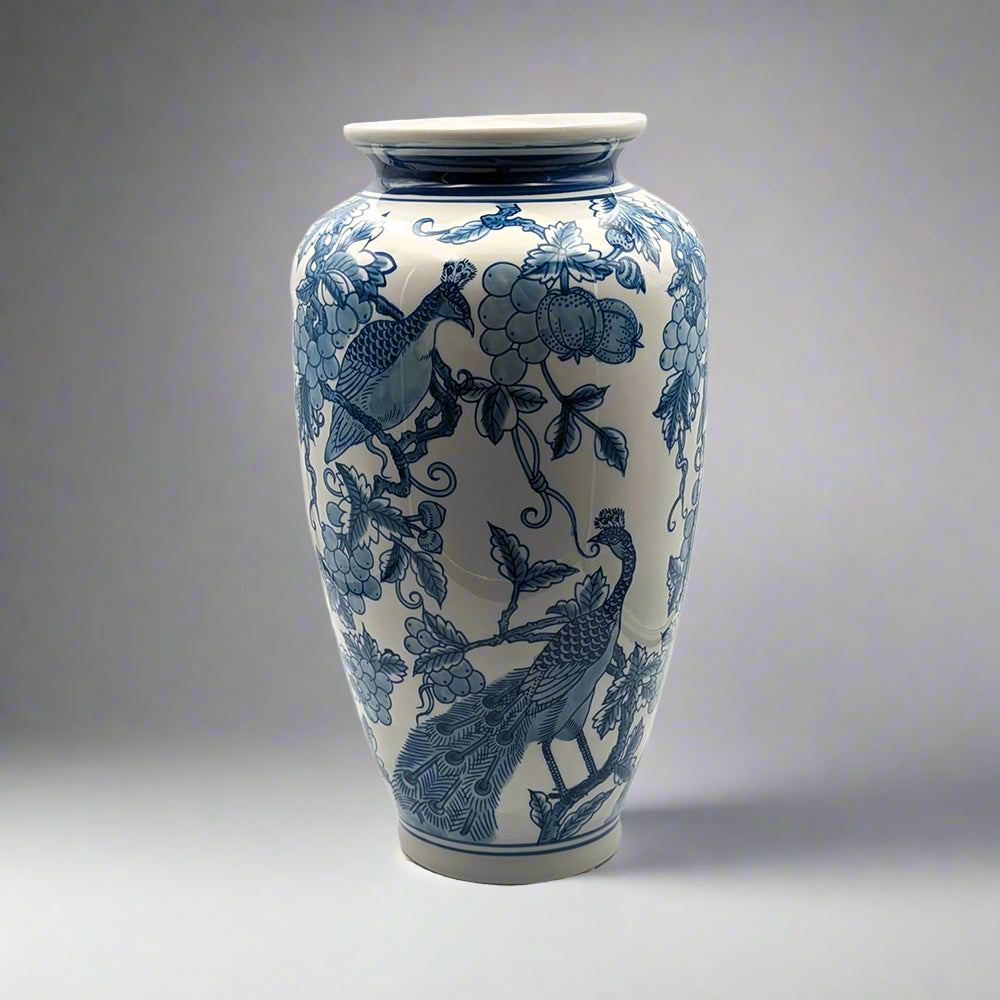Peacock Hand Painted Ceramic Vase Blue/White 