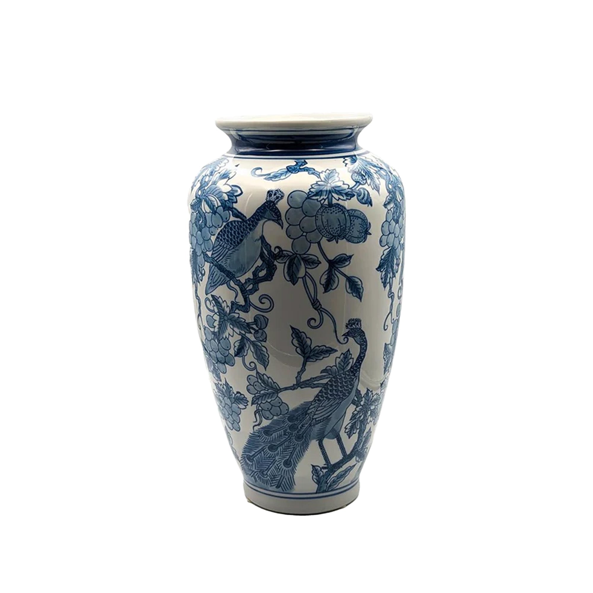 Peacock Hand Painted Ceramic Vase Blue/White