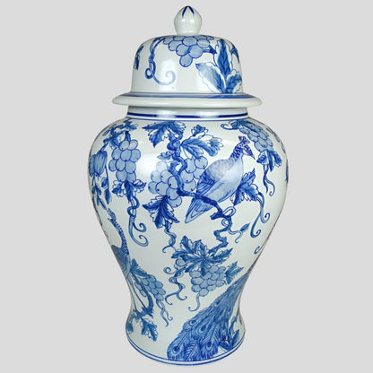 Peacock Hand Painted Ginger Jar Blue & White 39cm - Luxury Co