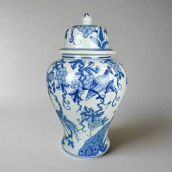 Peacock Hand Painted Ginger Jar Blue & White 39cm