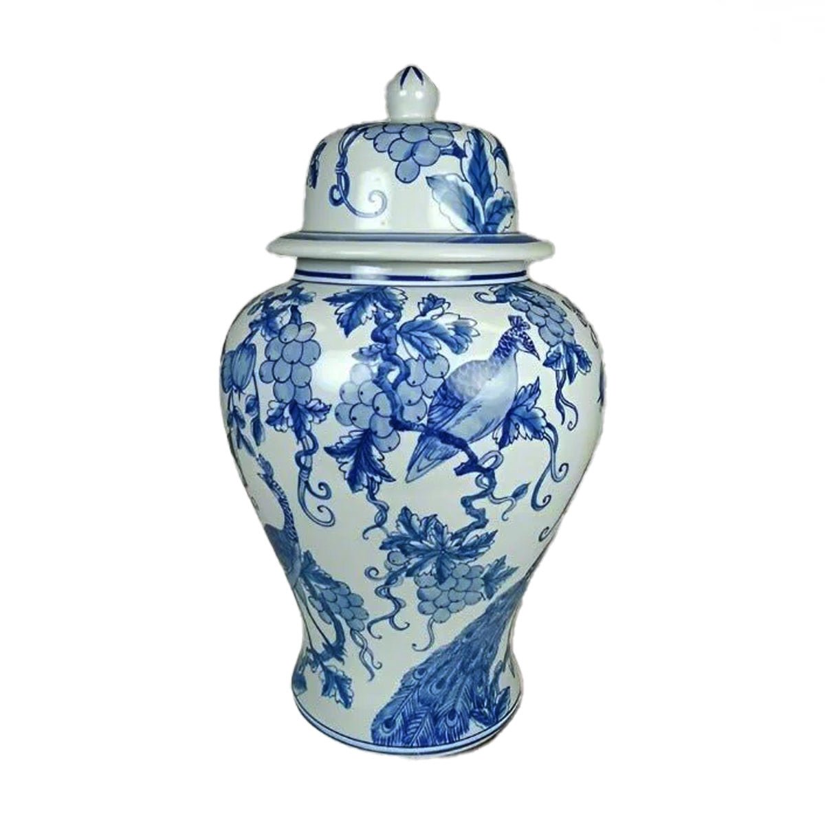 Peacock Hand Painted Ginger Jar Blue & White 39cm