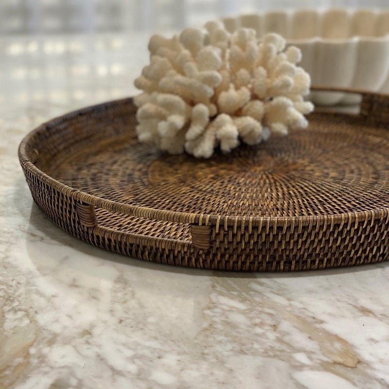 Plantation Round Rattan Tray Small Antique Brown Finish