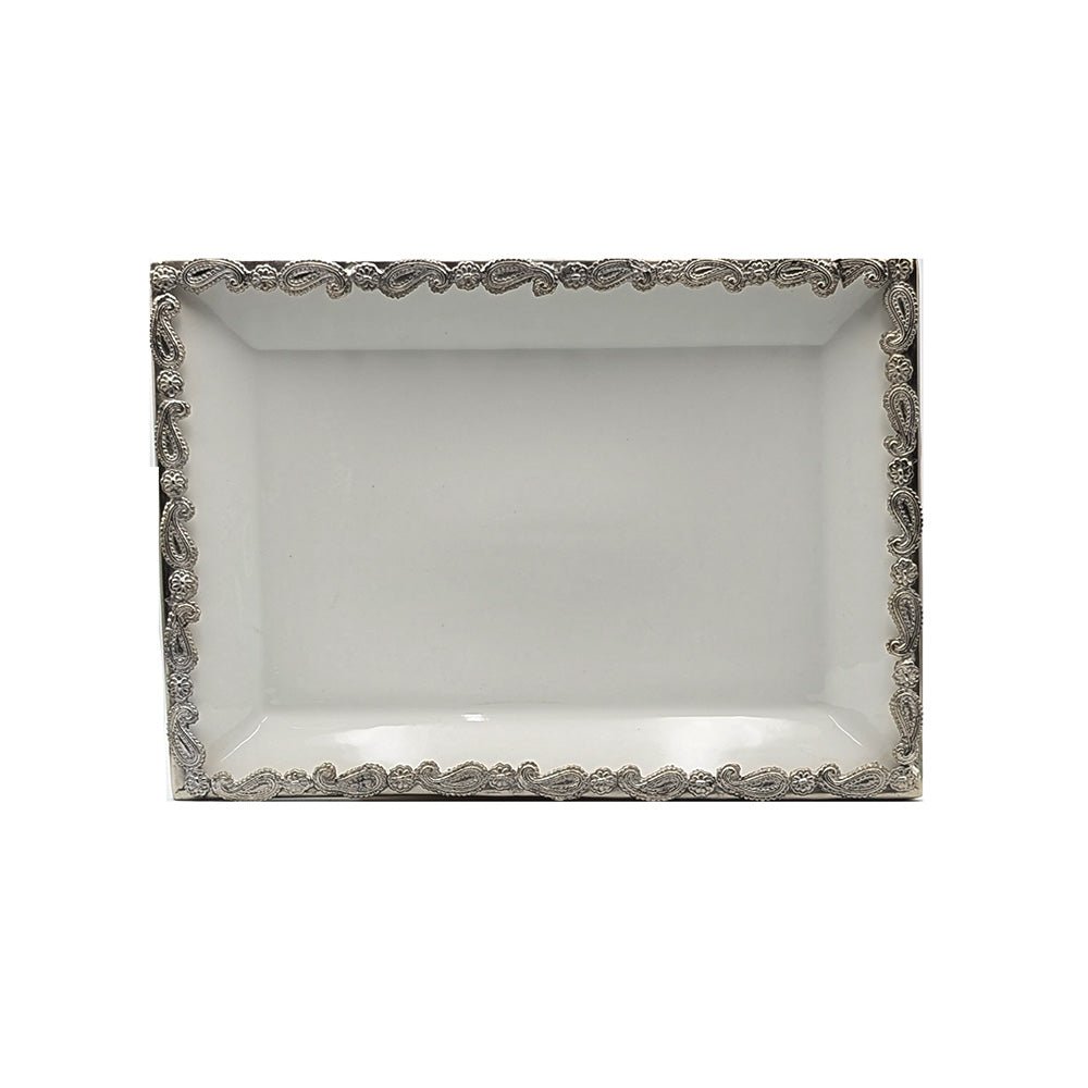 Platter Paisley Decorative Rectangular Tray - White - Luxury Co