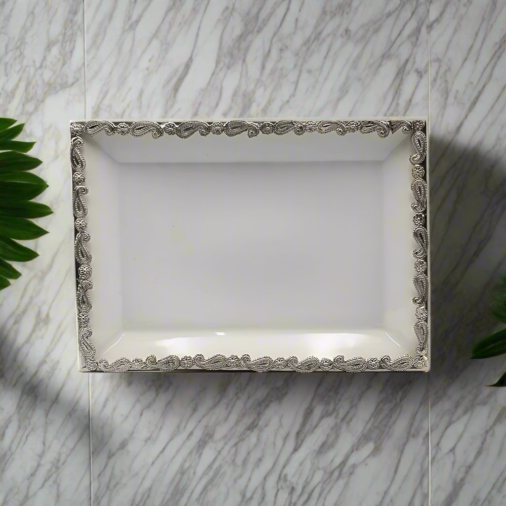 Platter Paisley Decorative Rectangular Tray - White - Luxury Co