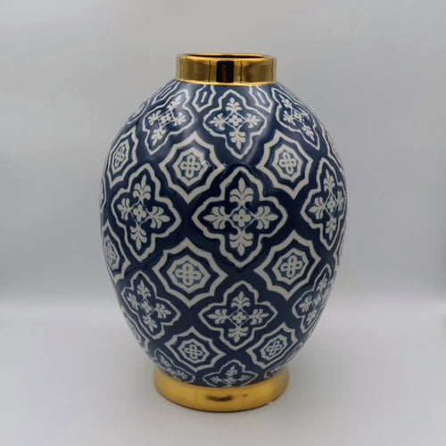 Large 34cm Navy Gold Ceramic Belly Vase