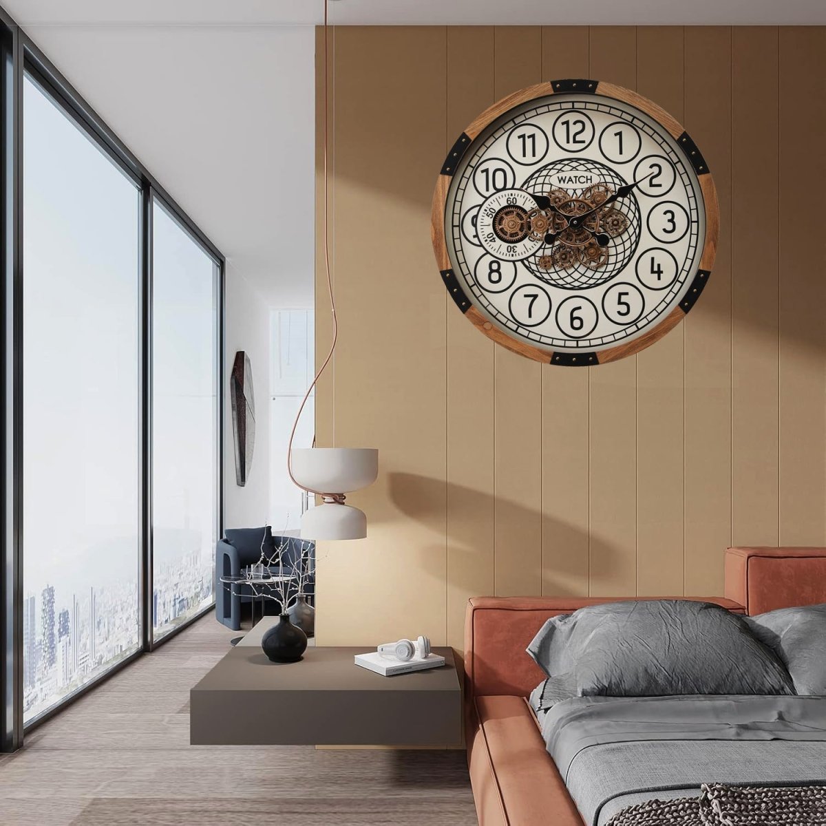 Round Bloomfield Wooden Moving Gear Wall Clock - Natural/Black