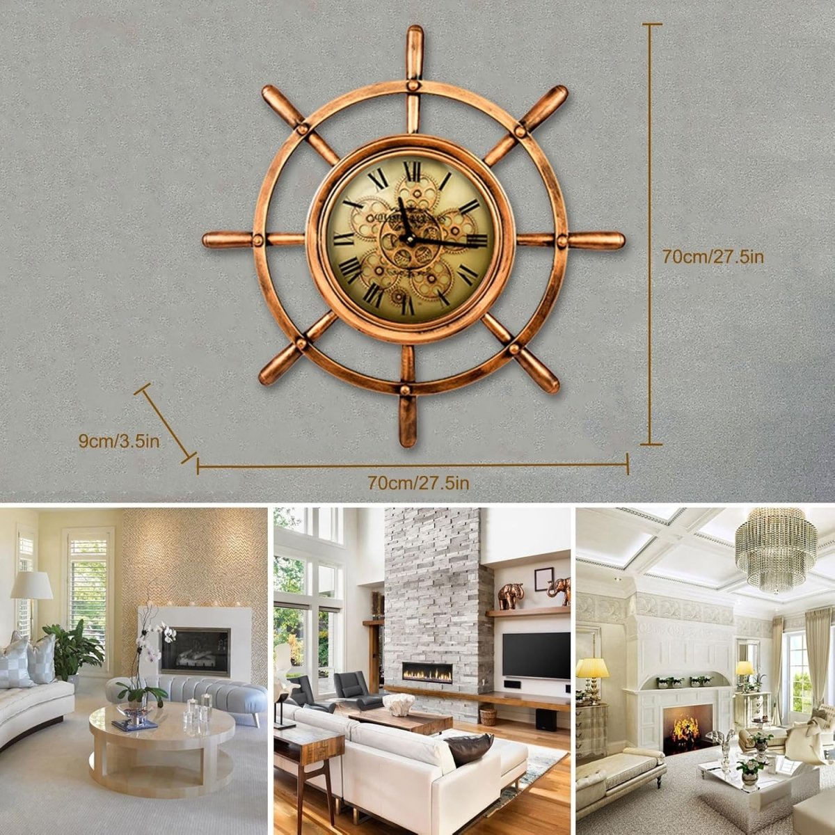 Round Nautical Gear Movement Wall Clock 65cm - Luxury Co