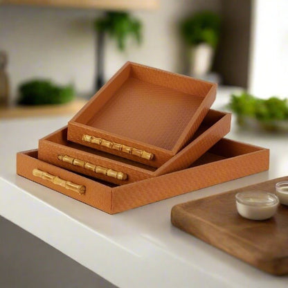 Tan Leather Tray Cashel Decorative Set - 3 Trays - Luxury Co