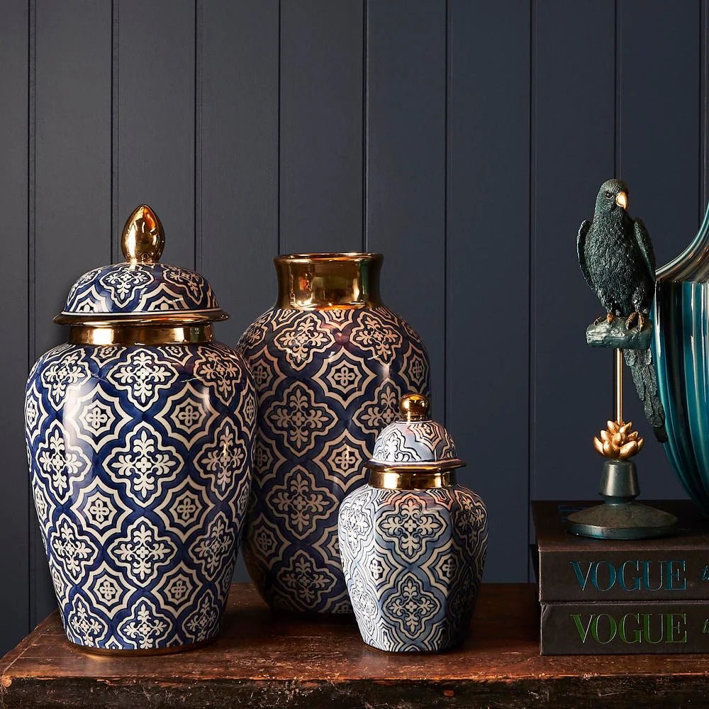 Tangier Gold & Navy Ceramic Ginger Jar