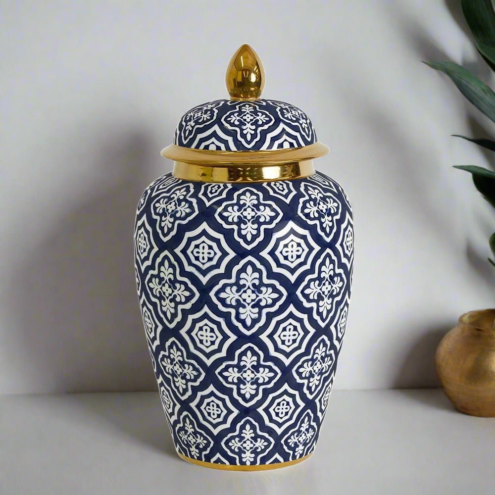 Tangier Ceramic Ginger Jar Blue/Gold - Large 44cm High - Luxury Co