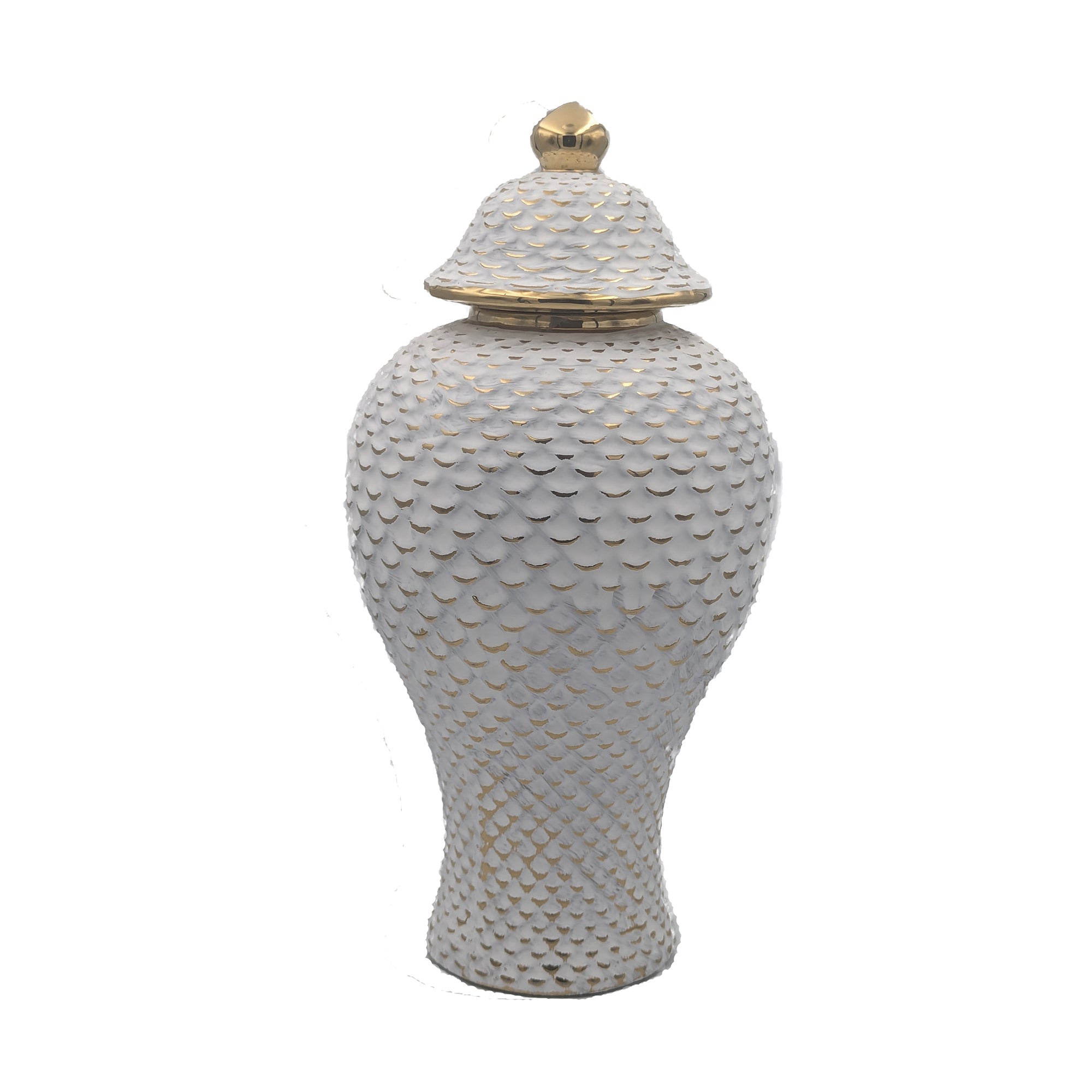 White Ceramic Vase with Gold Accents - Textured Lidded Jar