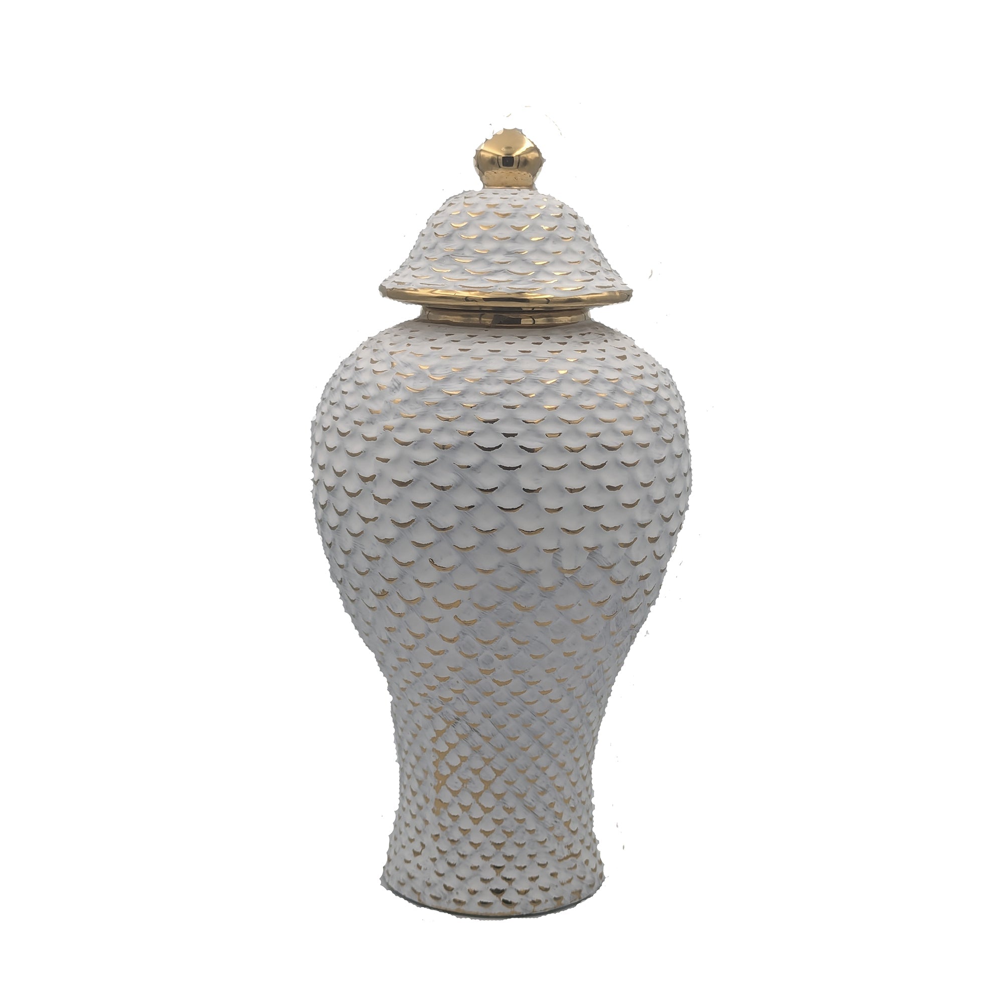 White Ceramic Vase with Gold Accents - Textured Lidded JarLuxury Co